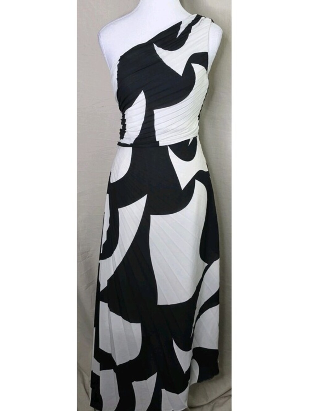 Nicole Miller Black White Abstract Print Ruched Maxi Dress 12